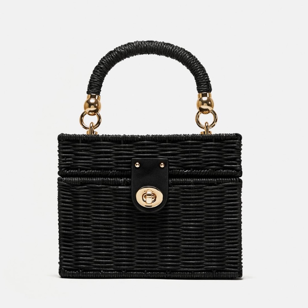 Zara Black Woven Handbag with Gold Accents